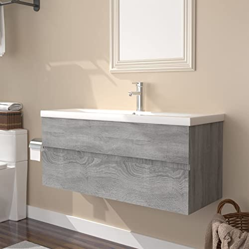 Gecheer Mobile Bagno con Lavabo Integrato, Mobile Sottolavabo con Cassetto e Montaggio a Parete, 100x38,5x45 cm, Legno Multistrato, Lavabo in Ceramica Bianca 101x39,5x18,5 cm, per Bagno