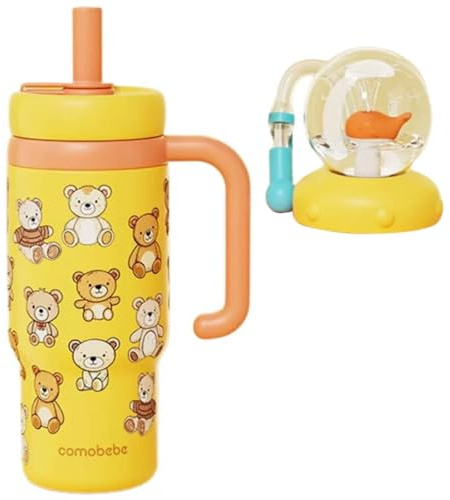 3D-Edelstahl-Wal-Brunnenbecher mit Griff, Trinkbecher mit Walspritzer, 680 ml, Wal-Wasserflasche, zwei Deckel, auslaufsicherer Walbrunnen für Kinder, Teenager, Erwachsene (gelber Bär)