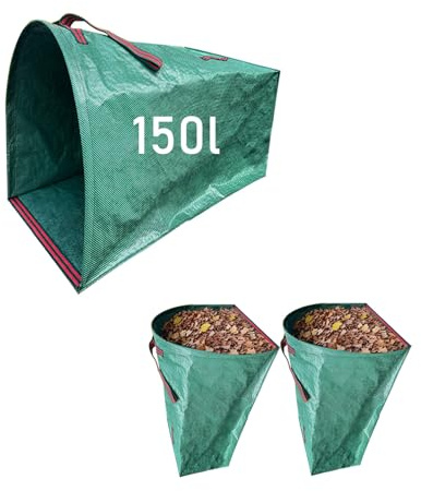 2 sacchi per la spazzatura da giardino da 150 litri, grandi sacchetti da giardino, riutilizzabili con manici, per foglie e rifiuti verdi, attrezzi da giardino pieghevoli con manici (2 x 150 l)
