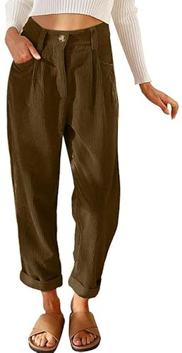 Joligiao Women's Corduroy Trousers High Waisted Elasticated Waist Trousers Loose Fit Wide Leg Pants with Belt Loops 2 Pockets Office Casual Baggy Palazzo Pants Trouser for UK