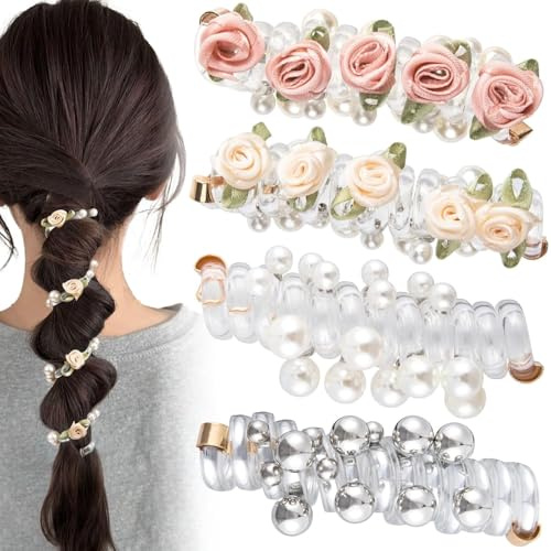 Gaodercha 4 Pack No Damage Soft Elastic Spiral Hair Ties Pearl Twisted Hair Wire Pony Hairs Tie Pearl Flower 2 Styles Hairs Accessories for Women Girls Daily Use