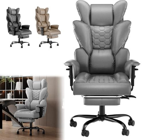 ACXIN Ergonomisk chefsstol, kontorsstol, PU-läder med högt ryggstöd, 150° justerbar, justerbara armstöd och fotstöd för kontor, hemmakontor och spel (grå, lastkapacitet 150 kg)