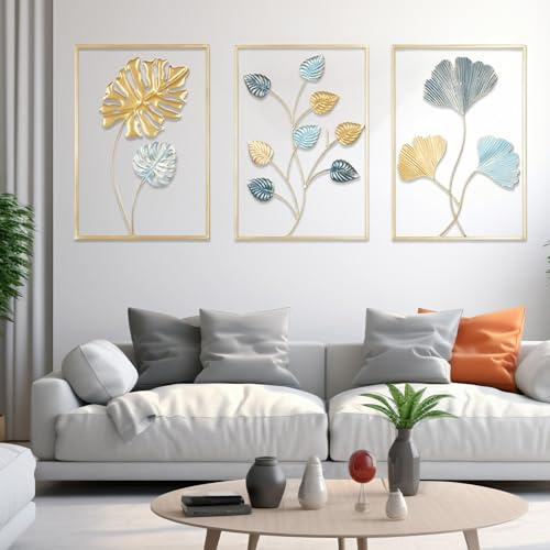 MeYuxg 3 stycken guld väggdekoration metall vardagsrum, 30 x 43 cm metallbilder väggdekoration, blad väggbild med ram ginkgo och Bodhi-blad, bananblad, modern hemmetall för sovrum, kök, kontor