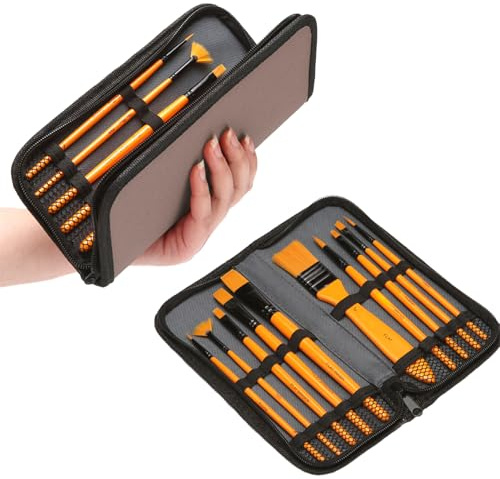 MUWINC 10 Nylon Acryl Aquarellpinsel Set, Malen Nach Zahlen Pinsel Set | Orange, für Bildende Kunst mit Aufbewahrungstasche, für Aquarell, Gouache, Tinte, öl, Tempera
