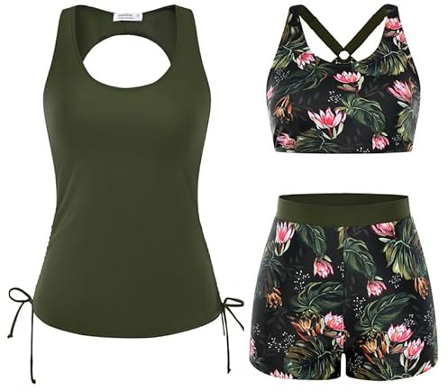JASAMBAC Tankini for Women Swimming Costume 3 Piece Modest Swimwear Bikini Top with High-Waisted Swim Shorts Tummy Control Swimsuits Bathing Suits Drawstring Beachwear