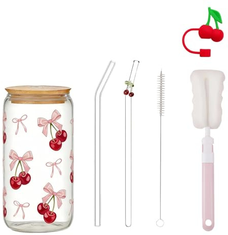 nuneoeuo 6 Pcs Cherry Glass Cups with Lids and Straws Set, Glass Straws Drinking Cup Cherry Pink for Consumed and The Cute Mugs Suitable as a Thank You Farewell Return to School Gift