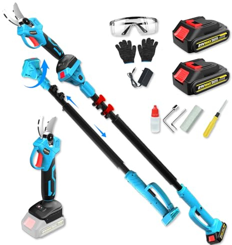 Tijeras de podar telescópicas con batería: equipadas con dos baterías de 4000 mAh, cuchillas SK5 de 40 mm, 4,5 metros de longitud total, para cortar árboles arbustos y setos