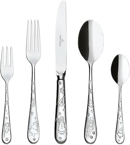 Villeroy & Boch Toy's Delight Ménagère 60 pièces argent platine, passe au lave-vaisselle, couverts pour 12 personnes antirouille motifs de Noël, fourchette, couteau, cuillère, cuillère à café