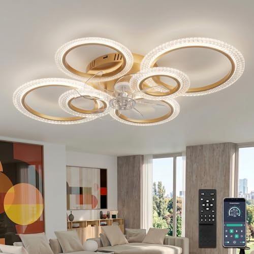 YUNLONG Ventilatore da Soffitto con Luce LED Dimmerabile, Plafoniera Moderna 88cm con Pale Trasparenti e Telecomando/App, Motore DC Silenzioso Reversibile per Camera da Letto, Soggiorno e Cucina