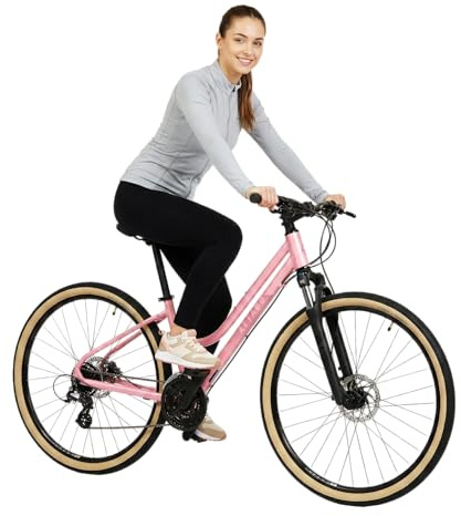 ATTABO SANO 3.0 Damen Crossbike 28 Zoll, Aluminiumrahmen, 24-Gang Shimano Schaltung, SR Suntour Federgabel, hydraulische Scheibenbremsen (Rosa, 15 Zoll Rahmenhöhe)