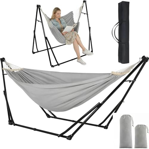 Clevich Hängematte mit Gestell, Outdoor Hängematte, Faltbar, Verstellbar, Stabiler hängematte Gestell, 231x89cm, Bis 200 kg, für Garten Balkon Camping Indoor, Tragetasche, Mehrfarbig (Grau)