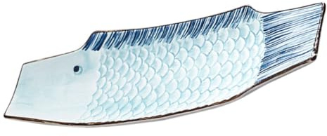 JEWEDECO Piatto da Portata Giapponese in Ceramica Fish-shaped per Sushi Dessert e Antipasti Design Irregolare con Linee Blu