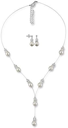 Rivelle Damen Brautschmuckset Y-Kette Ohrringe creme Schmuckset Perlen Strasssteine kristall Collier Hochzeit Geschenkbox