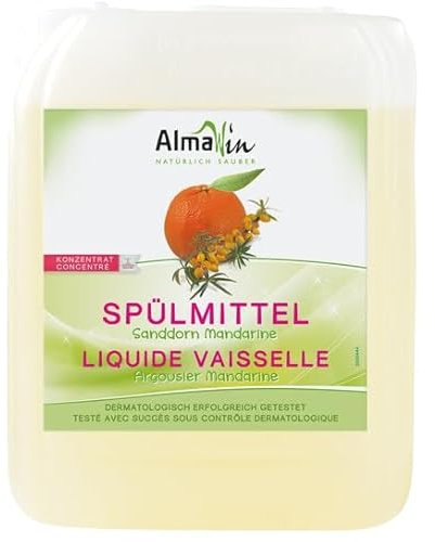 AlmaWin® Spülmittel Öko [5L] mit Sanddorn & Mandarine-Duft - Kraftvolles Geschirrspülmittel flüssig mit hoher Fettlösekraft - Vegan Dish Soap - Ergiebiges Konzentrat im Nachfüllkanister