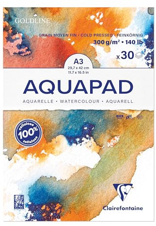 Clairefontaine 975722C - Malblock Aquarell Papier mittelfein gekörnt Goldline Aqua 30 Blatt 29,7x42 cm 300g