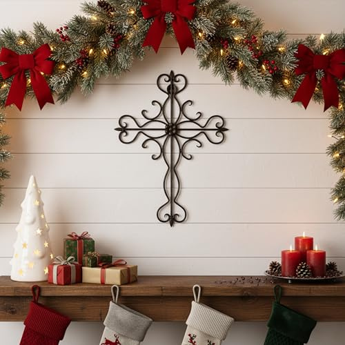 RELY+ Väggkors stor dekorativ hängande svart 35 x 25 cm – Fleur de lis metallväggkors – religiös väggkonst för väggdekor – heminredning – vardagsrumsdekor – sovrumsdekor – gåva