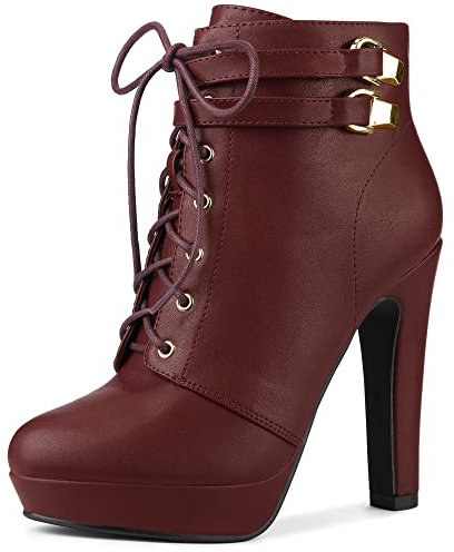 Allegra K Women's Lace Up Round Toe Platform Block Heels Burgundy Ankle Boots - 7 M US