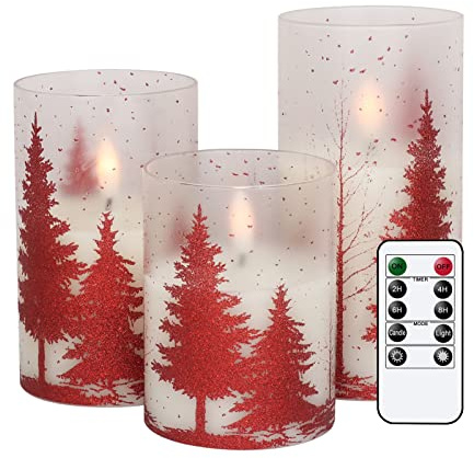 DRomance Christmas Tree Glass Flameless Candles with Remote Timer Battery Operated Real Wax 3D Wick LED Flickering Pillar Candles Christmas Holiday Decor(Red, 3 x 4,5,6 Inch)