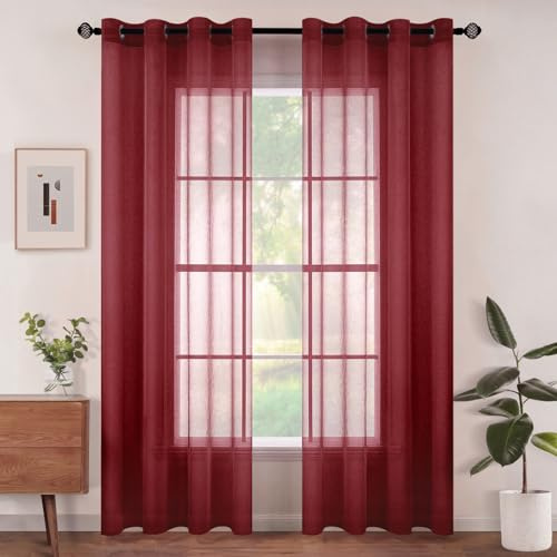 Woaboy Tende per Interni Voile Moderne Occhiello 2Pz 140x260cm Vino Rosso | Voile leggero semi trasparente per soggiorno e camera da letto, luminoso e decorativo.