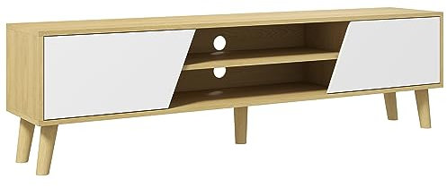 HOMCOM Meuble TV Banc TV pour télévision jusqu'à 65 Pouces Design scandinave 2 Portes 2 niches avec Passe-câbles - Aspect Bois et Blanc 150 x 30 x 42 cm