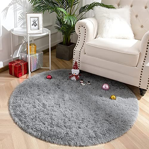 VOFUSHON Teppich Rund 120 cm Grau Waschbar Rutschfester Hochflor Runder Teppich Schlafzimmer Weich Flauschig Rug