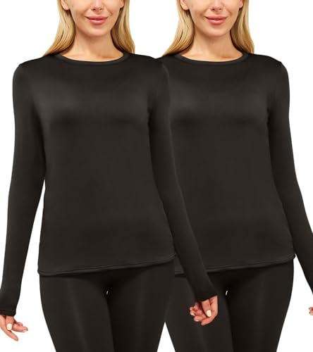 Women's Thermal Tops Crew Neck Long Sleeve Warm Vests 2pc Black-Black S