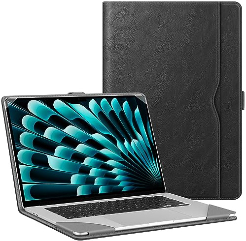 FINTIE Coque Compatible avec MacBook Air 15 Pouces M5 M4 M3 M2 (2026/2025/2024/2023, A3448/A3241/A3114/A2941), Housse Folio avec Poche Frontale de Document, Noir