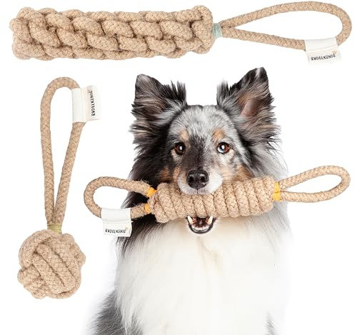 Rudelkönig Seilspielzeug für Hunde aus 100% Naturhanf - 3er Set Hundeknoten - Hundespielzeug unzerstörbar - Zerrspielzeug für kleine und große Hunde
