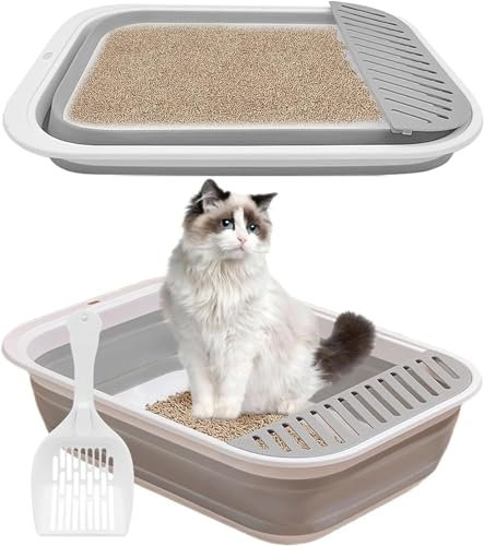Katzenklo Groß, katzentoilette flach mit Schaufel, Katzenklo für alte Katzen, Reisetoilette, faltbare Katzentoilette mit Schaufel