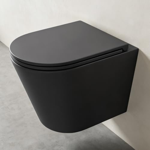 Mai & Mai Hänge-WC Wand-WC Spülrandloses-WC inkl. Softclose Sitz | Wand-Toilettenbecken matt Schwarz aus Keramik, Wandmontage mit Absenkautomatik, Aachen108