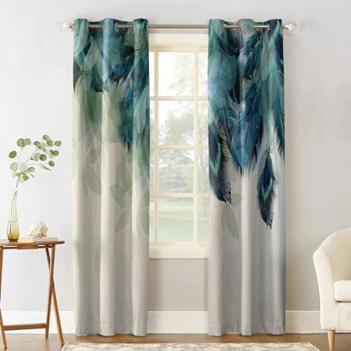 ZXBNNN Pfauenfedern, grüne Verdunkelungsvorhänge für Wohnzimmer, Schlafzimmer, Fensterbehandlung, Jalousien, Vorhänge, Küchenvorhänge, 2 Paneele, 137 x 117 cm (B x H)/68,5 x 117 cm x 2