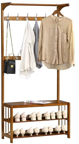 angelfanmily Coat Rack with Shoe Storage, Coat Stand with Removable Double row Hooks Free Standing Hall Tree Bamboo Frame Hat for Shoe and Coat Rack for Hallway, Living Room（Tan color）