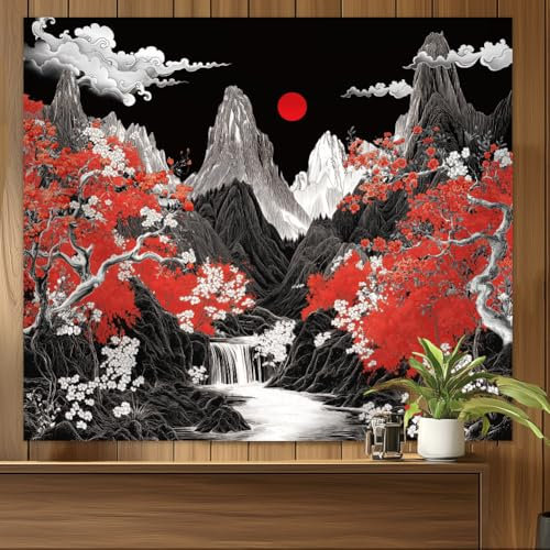 WEBEEDY Mountain River Tapestry Black and Red Japanese Style Tapestry Wall Hanging Night Moon Cherry Landscape Poster Aesthetic Nature Wall Backdrop for Photography Home Decor,130x150cm/4.27x4.92ft