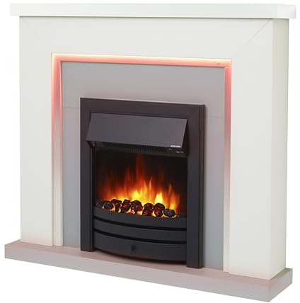 Endeavour Fires Bempton 42 Freestanding Electric Fireplace with Surround | White Top, Grey Hearth, Black Fire, Realistic Coal Bed and LED Flames, 13-Colour Mood Lighting, 1–2kW Heater, 7-Day Remote