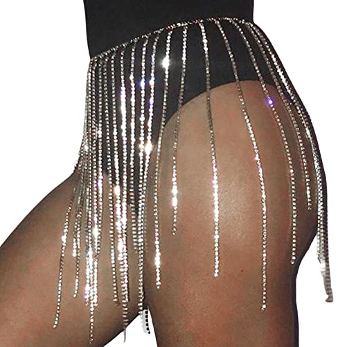 Maxtonser Cintura con frange e gonna, cintura con cristalli, per danza del ventre, catena per il corpo, argento