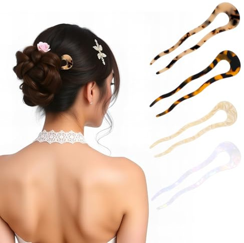 4 Stück U-förmige Haarnadel Französisch Stil Haarspange Vintage Haarnadelgabel Kopfschmuck 2 Zinken Hochsteckfrisur Chignon Damen Klassische Dutt Haarstäbe für Frauen Lang Frisurenzubehör