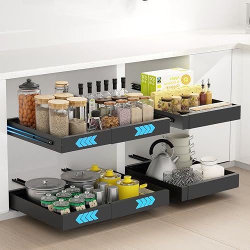 Ihomife Teleskopschublade, Upgraded Dual Mounting Kompatibel mit allen Schränken, Upgraded Heavy-Duty Rails Schublade Küche 32-52cm, Space Saving Cabinet Organiser Schwarz