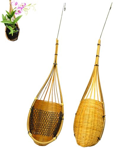 Jorzer Orchideen-Hängetopf mit Metallhaken 2 Stück Orchideenkorb thailändischer aus Bambus geflochtener Orchideen-Hängekorb Mehrzweck-Pflanzenhänger im Vogelnest-Stil für die Gartendekoration