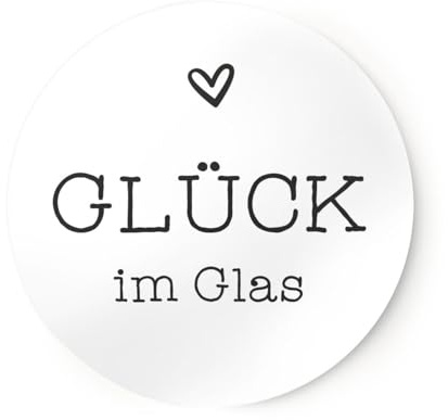 Aufkleber Glück im Glas Set No.2 mit Herz, 20 Stück, rund, 4cm | Schwarz-Weiß, Für Marmelade Honig Einmachgläser, Gastgeschenke zur Hochzeit, Für Feste Geschenke