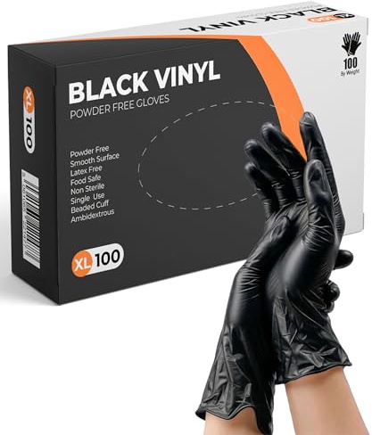 PRAIMA Black Vinyl Gloves, 100 Count, Powder Free & Latex Free, Multi-Purpose Black Disposable Gloves for Food Handling, Cooking, Cleaning & Medical Use (XL, 100)