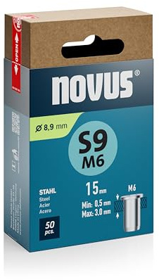 NOVUS TOOLS Dadi per rivetti ciechi in acciaio, diametro 8,9 mm, filettatura M6, lunghezza 15 mm, 50 dadi rivetti, lunghezza morsetto 0,5 – 3,0 mm, ideale per fissaggio in lamiere di acciaio e