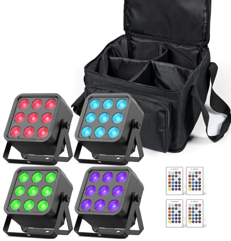 Oloaxolx 4er 54W akku led par Scheinwerfer mit Tasche+Fernsteuerung Wiederaufladbare Batterie RGBWA+UV LED Bühnenlicht DMX Sprachsteuerung Diskolicht für DJ Hochzeiten Party Bar Band