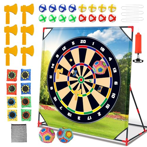 Vitality Sports 4-in-1 Backyard Target Game Set for Families | 54.3 in stand, 16 sticky balls, 6 foam axes, 8 bean bags, 2 soccer balls, carry bag