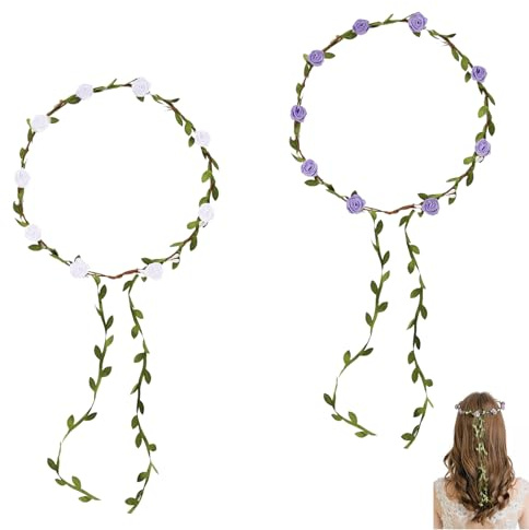 2 Stück Blumenkranz Haare, Blumenkränze Fürs Haar, Stirnband, für Mädchen Hochzeit Festival Haarschmuck(Weiß + Lila)