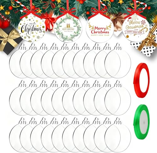 30 Stück Acrylscheibe Weihnachtskugel 7.6cm, Klare Acrylscheibe Rund mit Deko Band, Acrylscheibe Weihnachten, Plexiglasplatten Christbaumkugeln Plexiglasscheibe für weihnachtskuge Dekoration Basteln