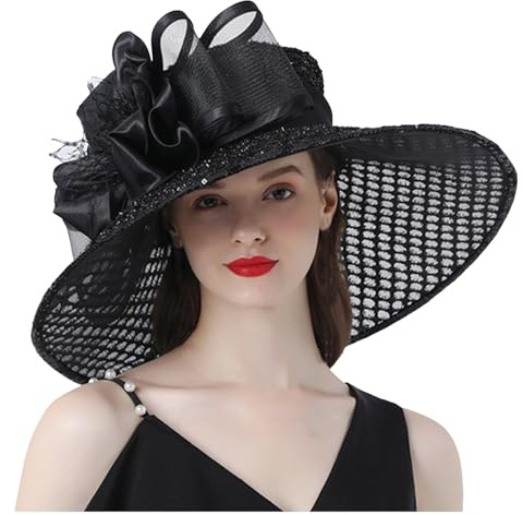 Generisch 2025 Damen-Kirchenhut mit breiter Krempe, Sonnenhüte für Hochzeit, Teeparty, Fascinator-Hut Sonnenhut Stoff (Black, L)
