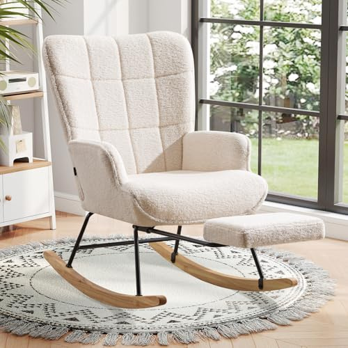 Ckaff Schaukelstuhl mit Fußstütze, Stillsessel mit Fußstütze, Schaukelstuhl, skandinavisch, aus Massivholz, für Kinderzimmer, Wohnzimmer, Balkon, Elfenbeinweiß