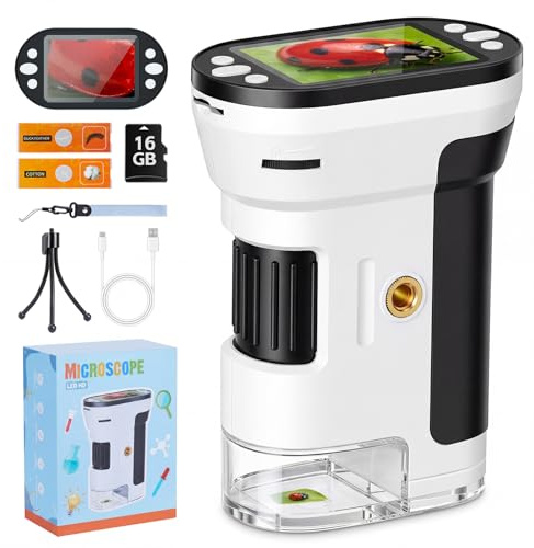 Wothfav 200x-1000x Microscopio para Niños, Pantalla IPS de 2 Pulgadas, con Trípode Mini y Tarjeta Micro SD 16GB, Juguetes Regalo Niños 4-12 Años