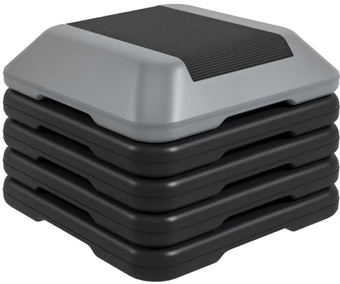 SPORTNOW Step de Aeróbic Step para Fitness Stepper Antideslizante con Altura Ajustable de 10/15/20/25/30 cm Carga 150 kg para Entrenamiento en Casa Gimnasio Gris