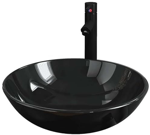 Lavabo con rubinetto scarico nero – Lavabo da bagno in vetro temperato e ottone – Moderno e durevole per WC ospiti e bagno principale